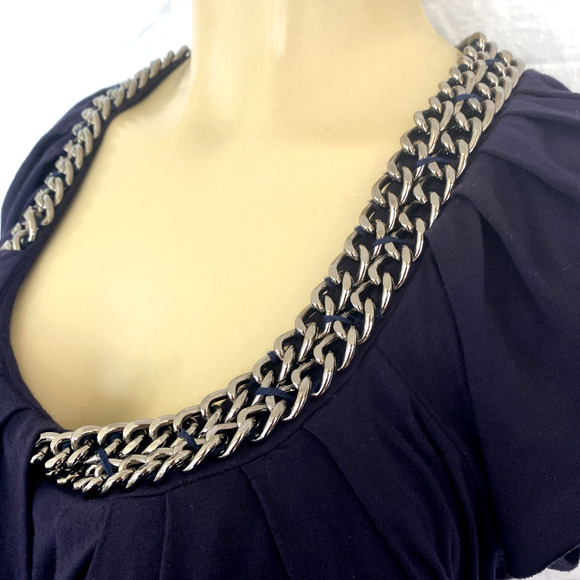 3.1 Phillip Lim Top Blouse Navy Blue Chain Neck Short Sleeve Relaxed Fit Scoop L - Picture 6 of 8